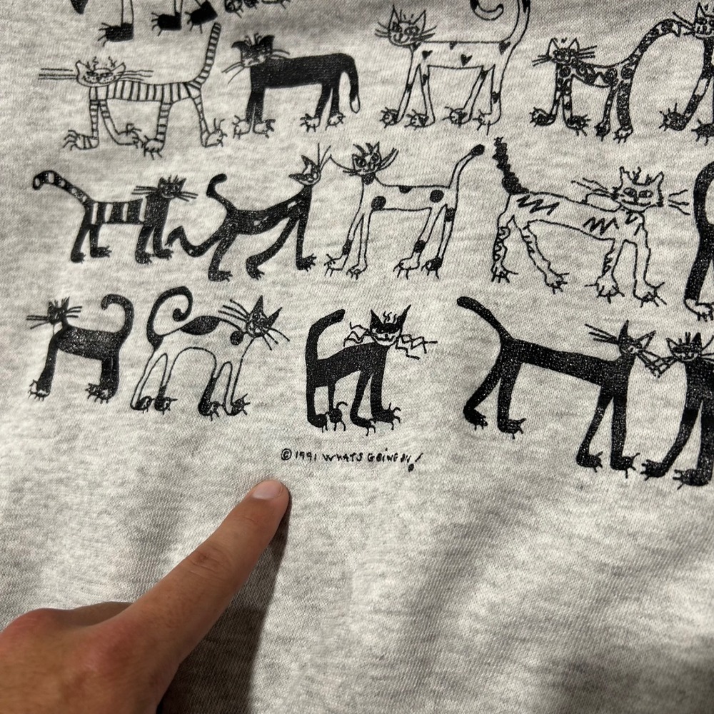 Vintage 1991 Tultex Cat Graphic Sweatshirt Grey 90s Retro Size Small - Picture 4 of 10